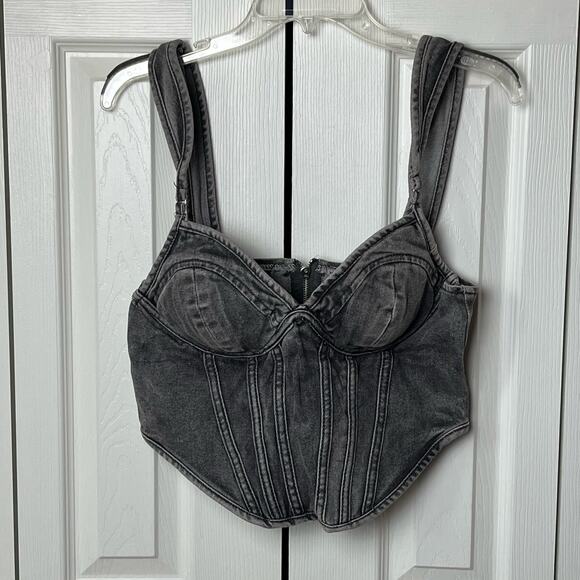 Pretty Little Thing Washed Gray Dip Hem Bust Cup Denim Corset 8 - Picture 2 of 9